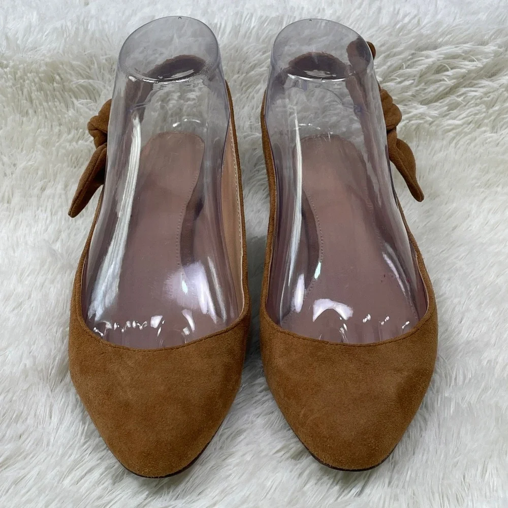 J.Crew Slingback Pumps Women 6 Brown Excellent Bow Suede Block Heel Pointed Toe